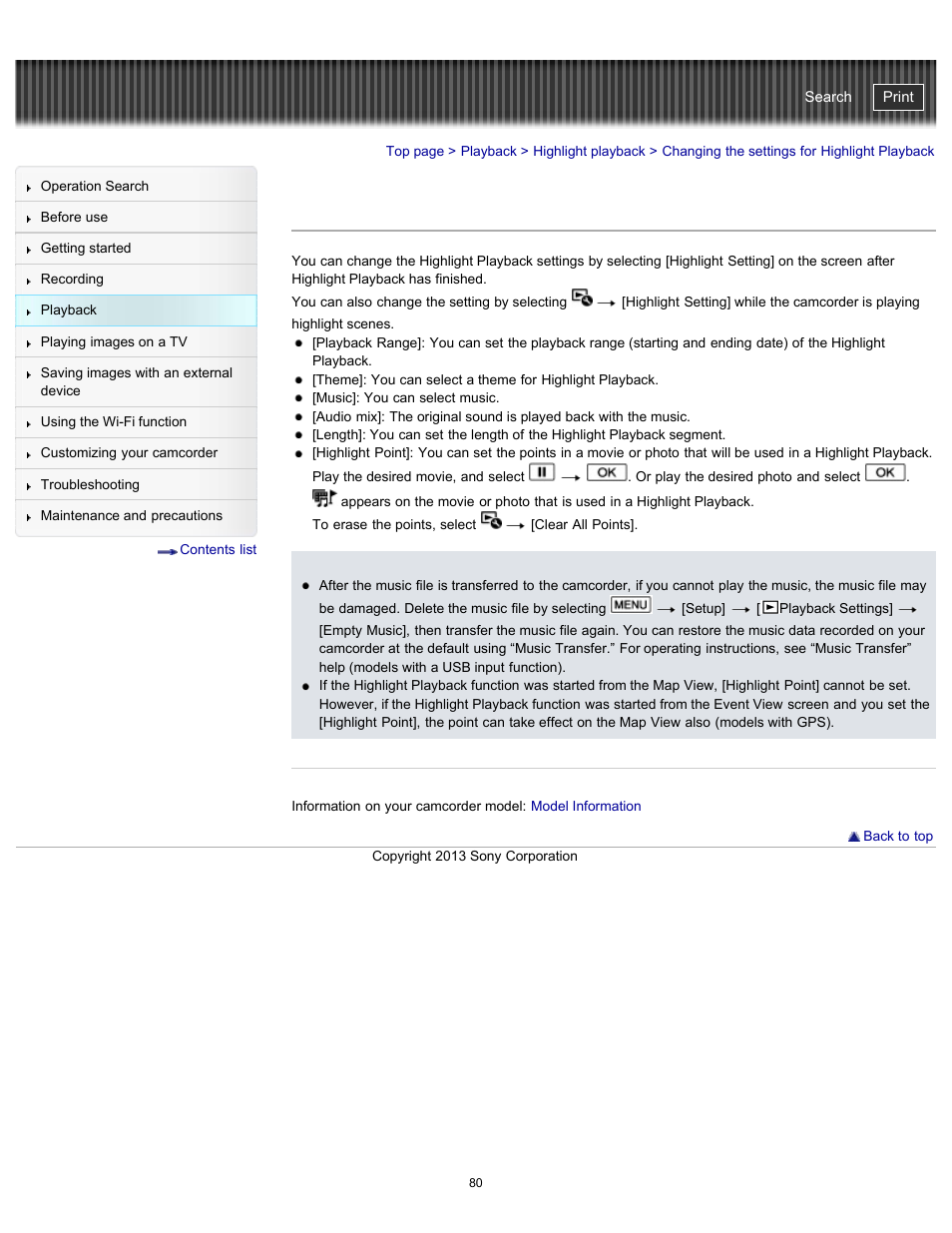 Changing the settings for highlight playback, Handycam" user guide | Sony HDR-PJ790V User Manual | Page 89 / 287