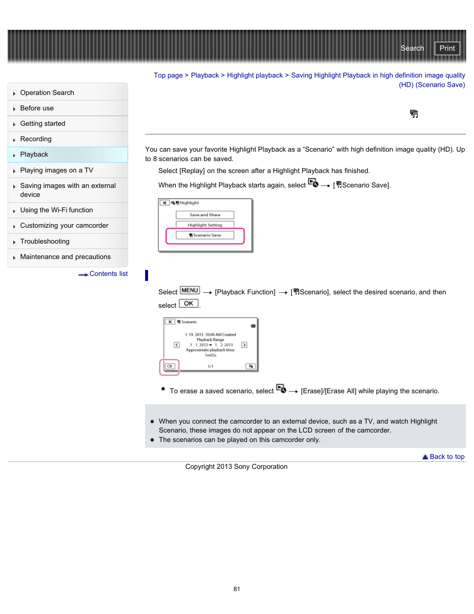 Scenario save), Handycam" user guide | Sony HDR-PJ790V User Manual | Page 90 / 287