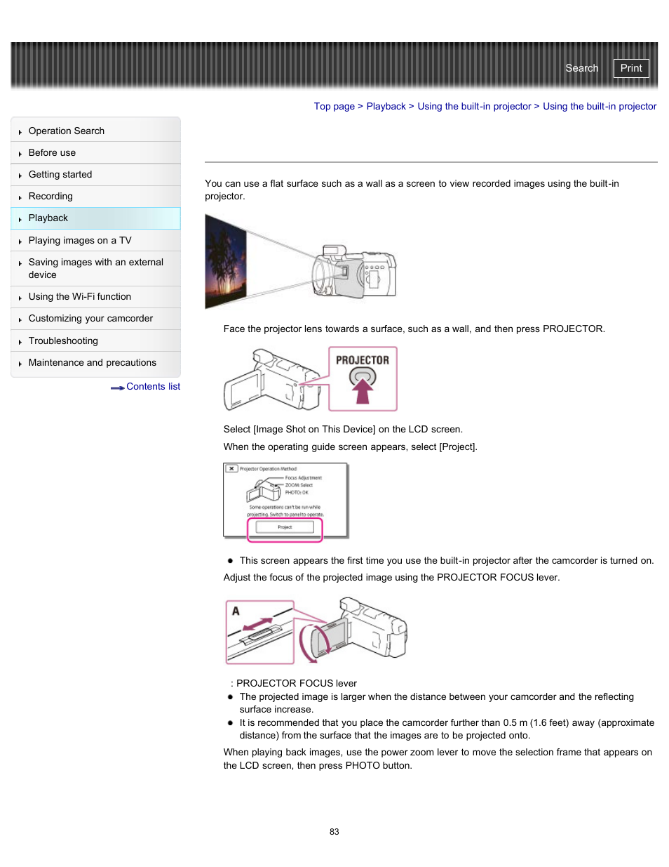 Using the built-in projector, Handycam" user guide | Sony HDR-PJ790V User Manual | Page 92 / 287