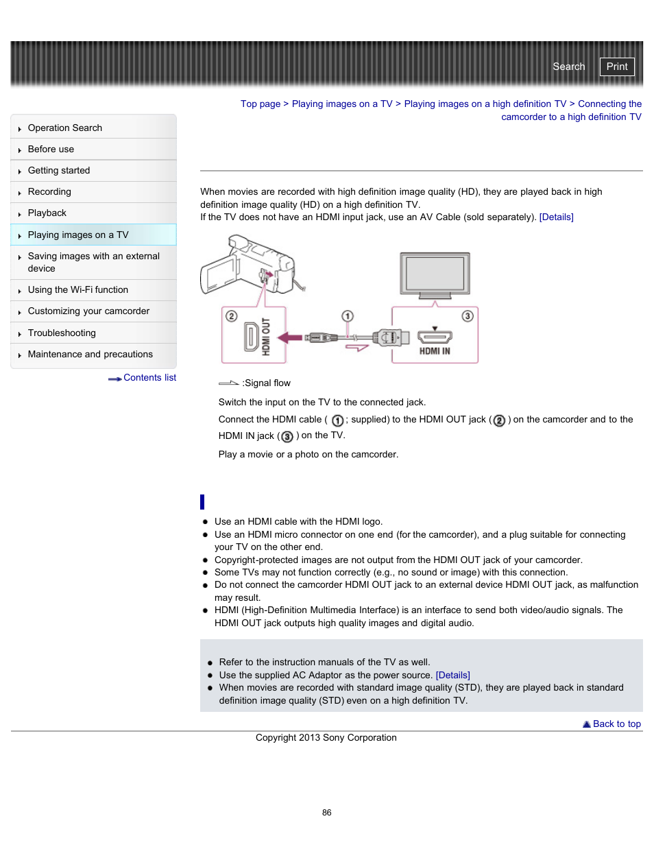 Connecting the camcorder to a high definition tv, On an hdmi cable, Handycam" user guide | Sony HDR-PJ790V User Manual | Page 95 / 287