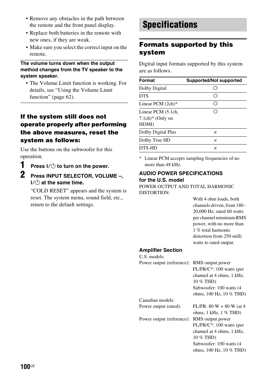 Specifications, Formats supported by this system | Sony HT-CT500 User Manual | Page 100 / 340