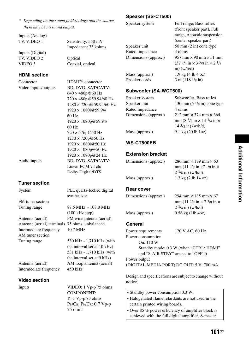 Ad dit iona l inf o rma tion | Sony HT-CT500 User Manual | Page 101 / 340