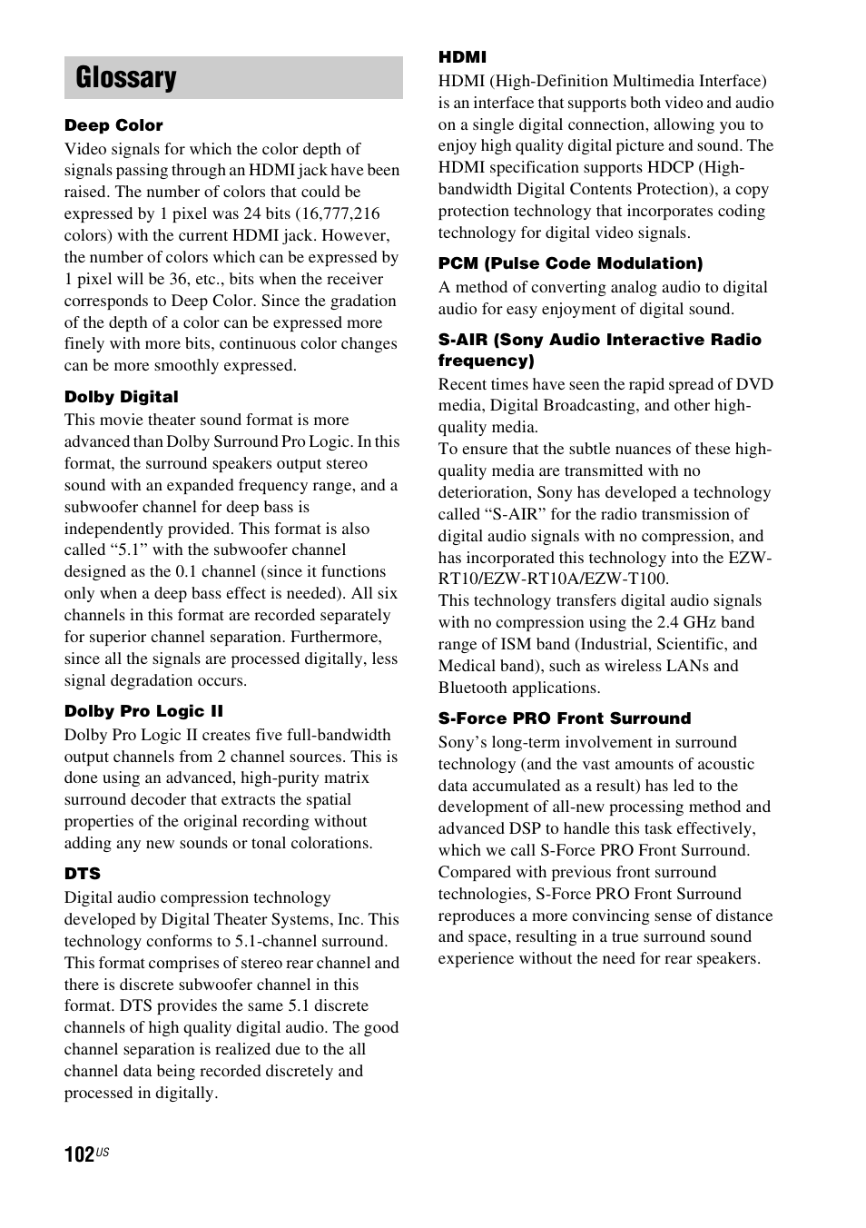 Glossary | Sony HT-CT500 User Manual | Page 102 / 340