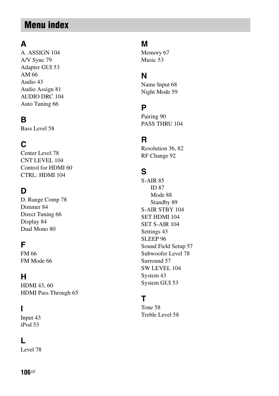 Menu index | Sony HT-CT500 User Manual | Page 106 / 340
