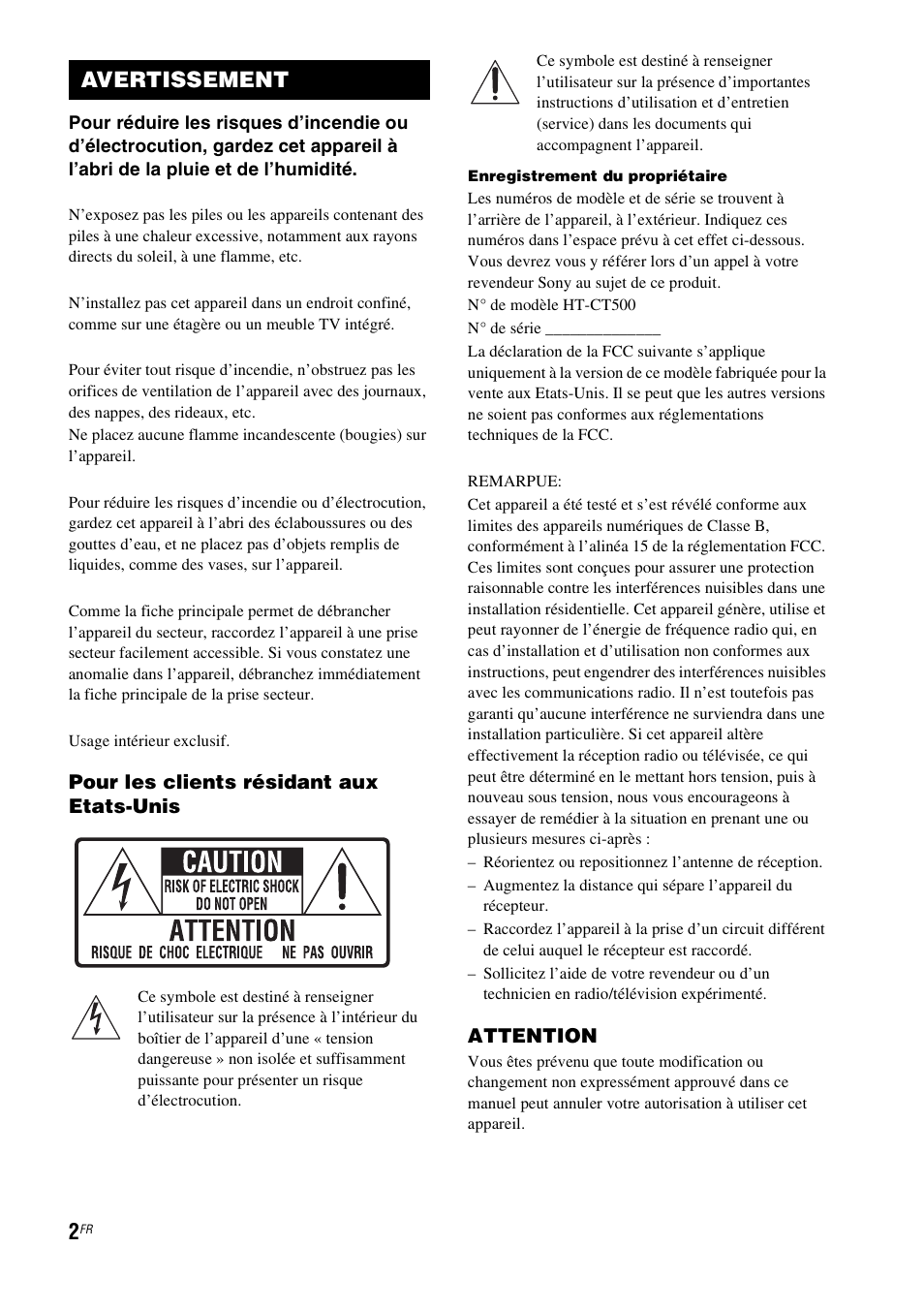Avertissement, Pour les clients résidant aux etats-unis, Attention | Sony HT-CT500 User Manual | Page 108 / 340