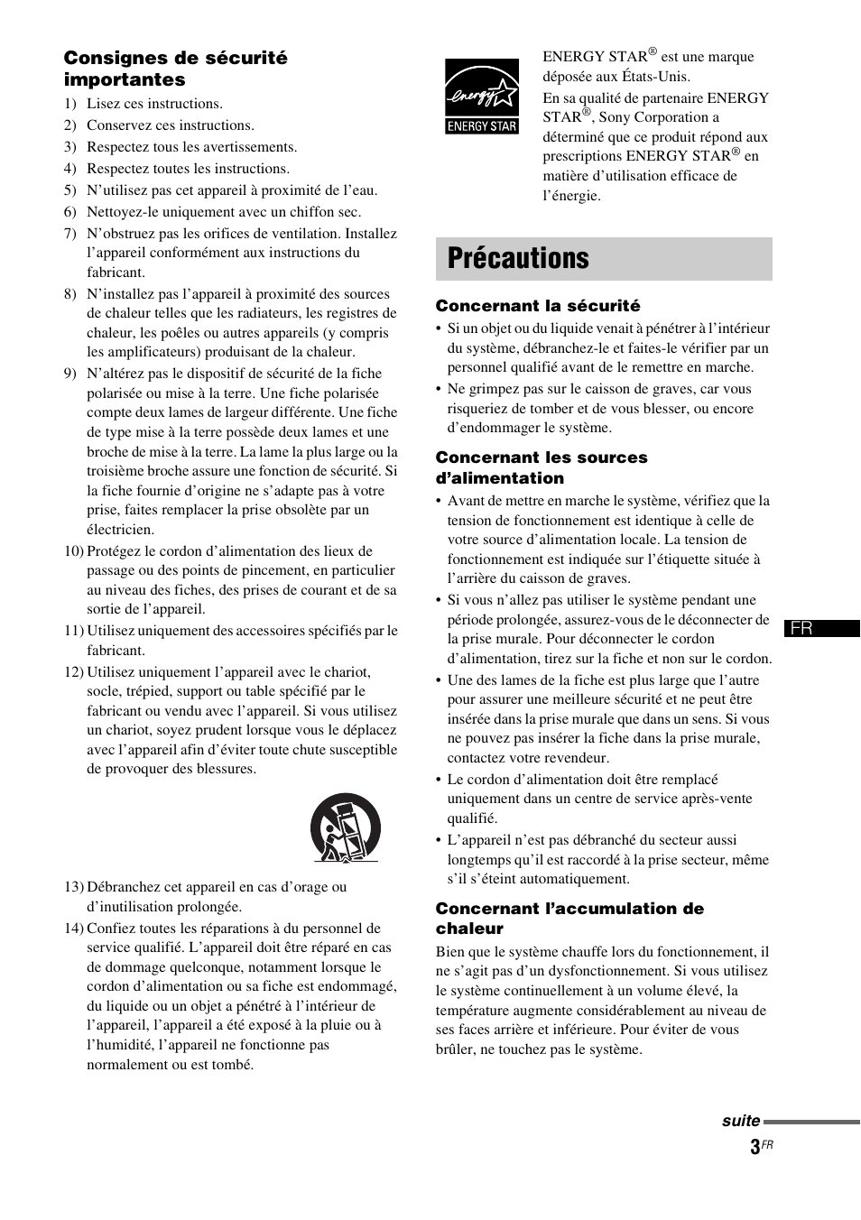 Précautions, Consignes de sécurité importantes, Gb fr | Sony HT-CT500 User Manual | Page 109 / 340