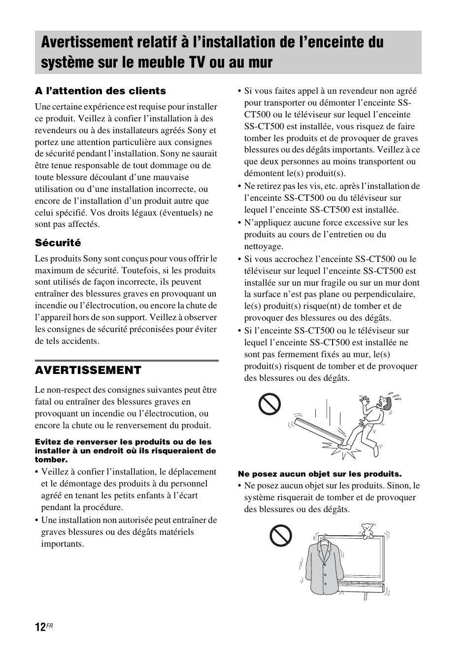 Avertissement relatif à l’installation de, L’enceinte du système sur le meuble tv ou au mur | Sony HT-CT500 User Manual | Page 118 / 340
