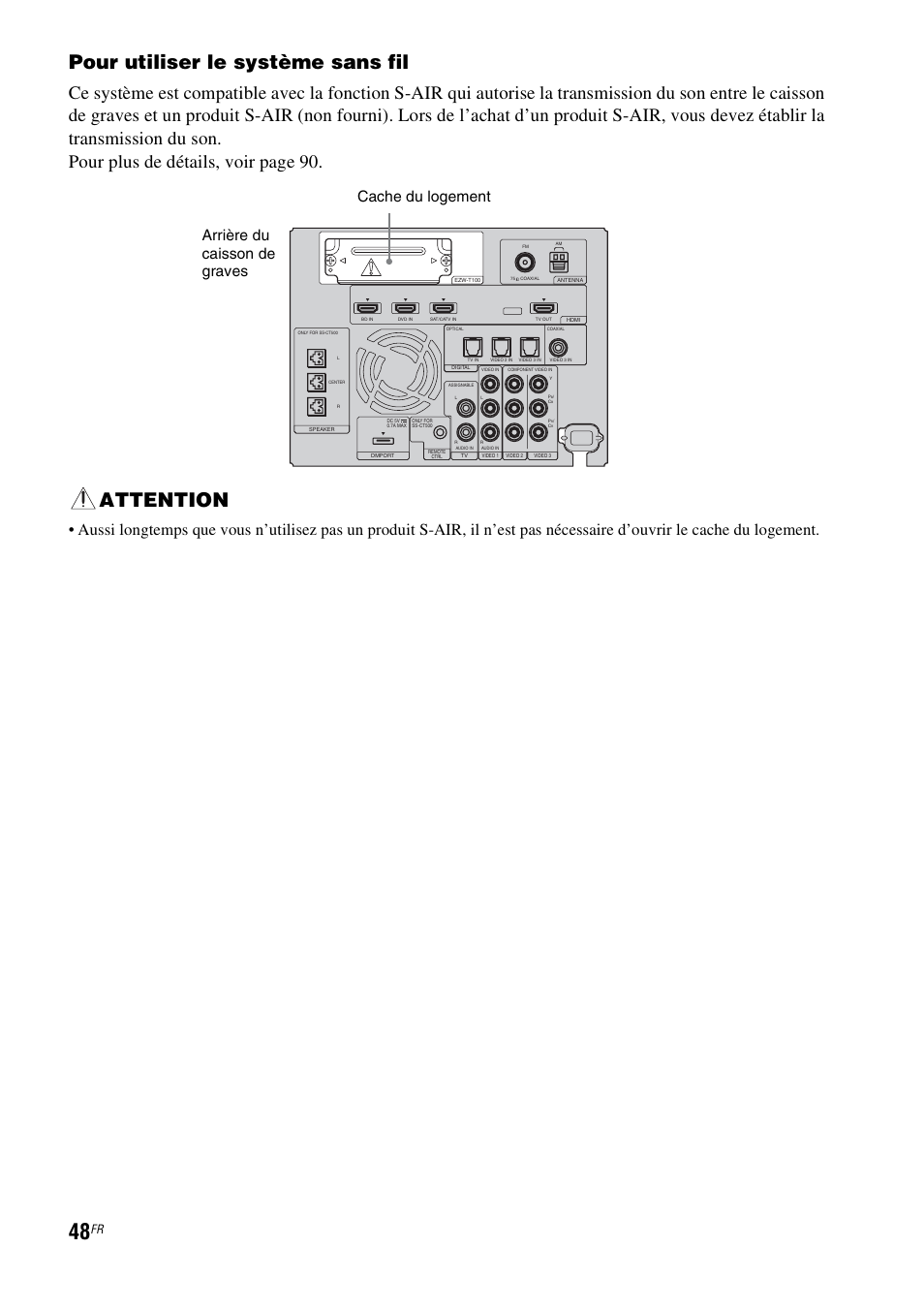 Pour utiliser le système sans fil, Attention, Cache du logement arrière du caisson de graves | Sony HT-CT500 User Manual | Page 154 / 340