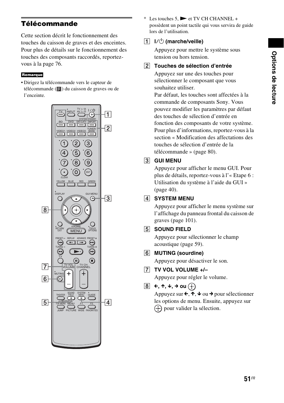 Télécommande, Op tions de lectu re, Appuyez pour désactiver le son | Appuyez pour régler le volume, A ?/1 (marche/veille), B touches de sélection d’entrée, C gui menu, D system menu, E sound field, F muting (sourdine) | Sony HT-CT500 User Manual | Page 157 / 340