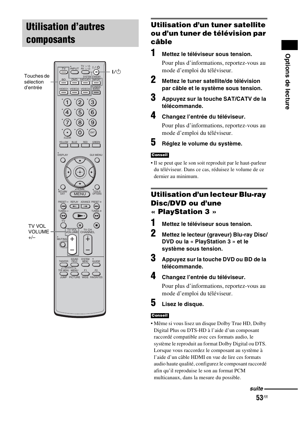Utilisation d’autres composants, Op tions de lectu re | Sony HT-CT500 User Manual | Page 159 / 340