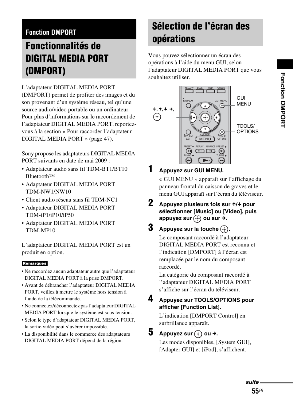 Fonction dmport, Fonctionnalités de digital media port (dmport), Sélection de l’écran des opérations | Fonctionnalités de digital media, Port (dmport) | Sony HT-CT500 User Manual | Page 161 / 340
