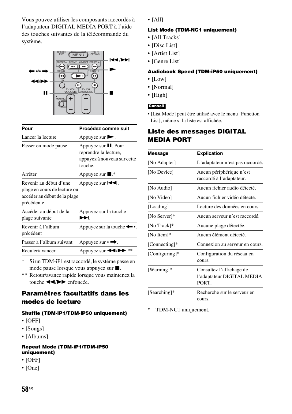 Paramètres facultatifs dans les modes de lecture, Liste des messages digital media port, Off] • [songs] • [albums | Off] • [one] • [all, Low] • [normal] • [high | Sony HT-CT500 User Manual | Page 164 / 340