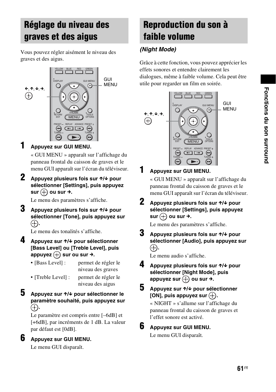Réglage du niveau des graves et des aigus, Reproduction du son à faible volume, Réglage du niveau des graves et des | Aigus, Night mode) | Sony HT-CT500 User Manual | Page 167 / 340