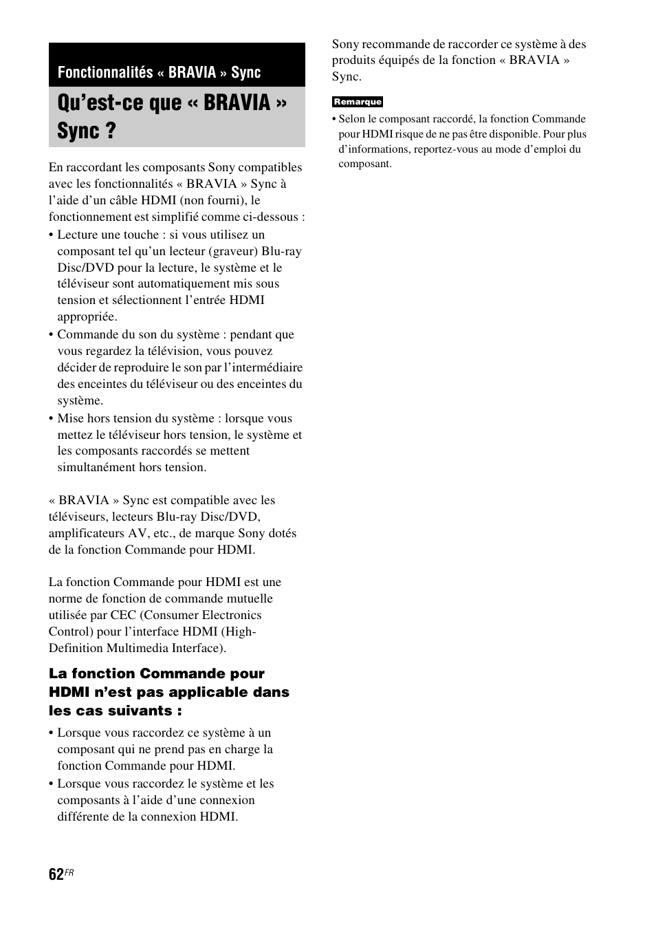 Fonctionnalités « bravia » sync, Qu’est-ce que « bravia » sync | Sony HT-CT500 User Manual | Page 168 / 340