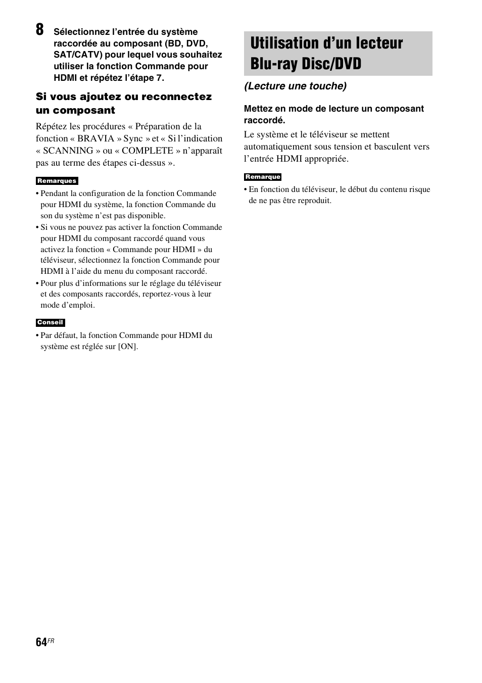 Utilisation d’un lecteur blu-ray disc/dvd, Utilisation d’un lecteur blu-ray disc, Dvd (lecture une touche) | Sony HT-CT500 User Manual | Page 170 / 340