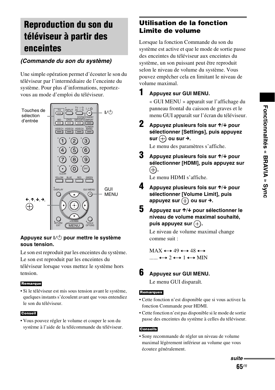 Reproduction du son du téléviseur à partir, Des enceintes (commande du son du système), Utilisation de la fonction limite de volume | Fon ction n ali tés « b r a via » sync, Commande du son du système) | Sony HT-CT500 User Manual | Page 171 / 340