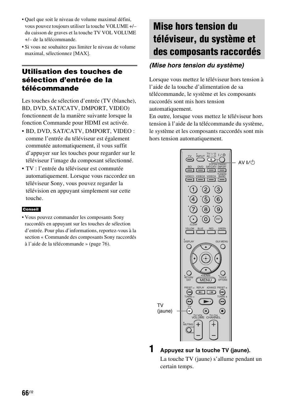 Mise hors tension du téléviseur, du, Mise hors tension du système), Appuyez sur la touche tv (jaune) | Sony HT-CT500 User Manual | Page 172 / 340