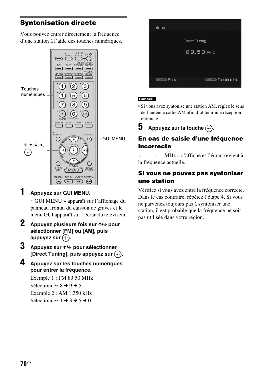 Syntonisation directe, En cas de saisie d’une fréquence incorrecte, Si vous ne pouvez pas syntoniser une station | Sony HT-CT500 User Manual | Page 176 / 340