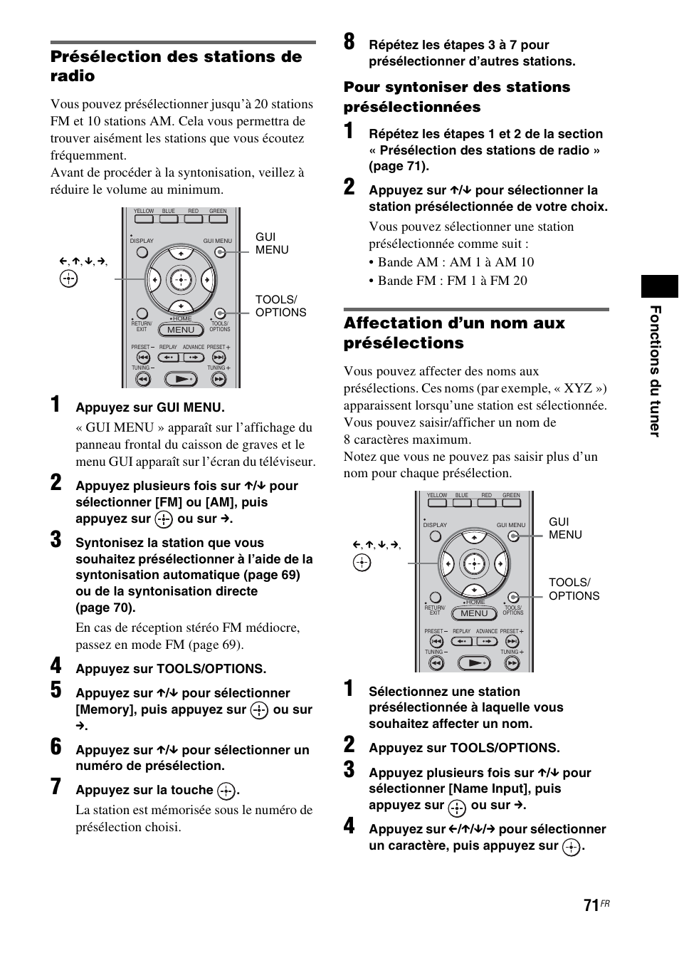 Présélection des stations de radio, Affectation d’un nom aux présélections, Fonc tions du tuner | Pour syntoniser des stations présélectionnées | Sony HT-CT500 User Manual | Page 177 / 340