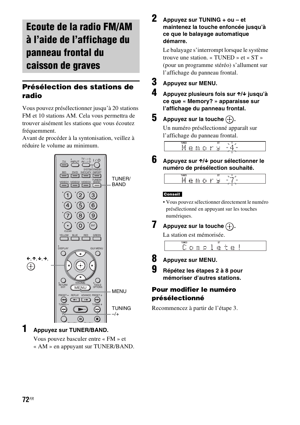 Ecoute de la radio fm/am à l’aide de, D (72), Présélection des stations de radio | Pour modifier le numéro présélectionné, La station est mémorisée, Recommencez à partir de l’étape 3 | Sony HT-CT500 User Manual | Page 178 / 340