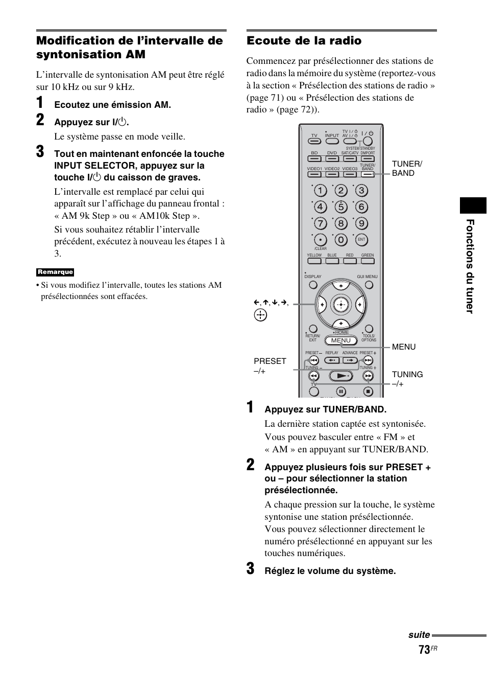 Modification de l’intervalle de syntonisation am, Ecoute de la radio, Fonc tions du tuner | Le système passe en mode veille | Sony HT-CT500 User Manual | Page 179 / 340