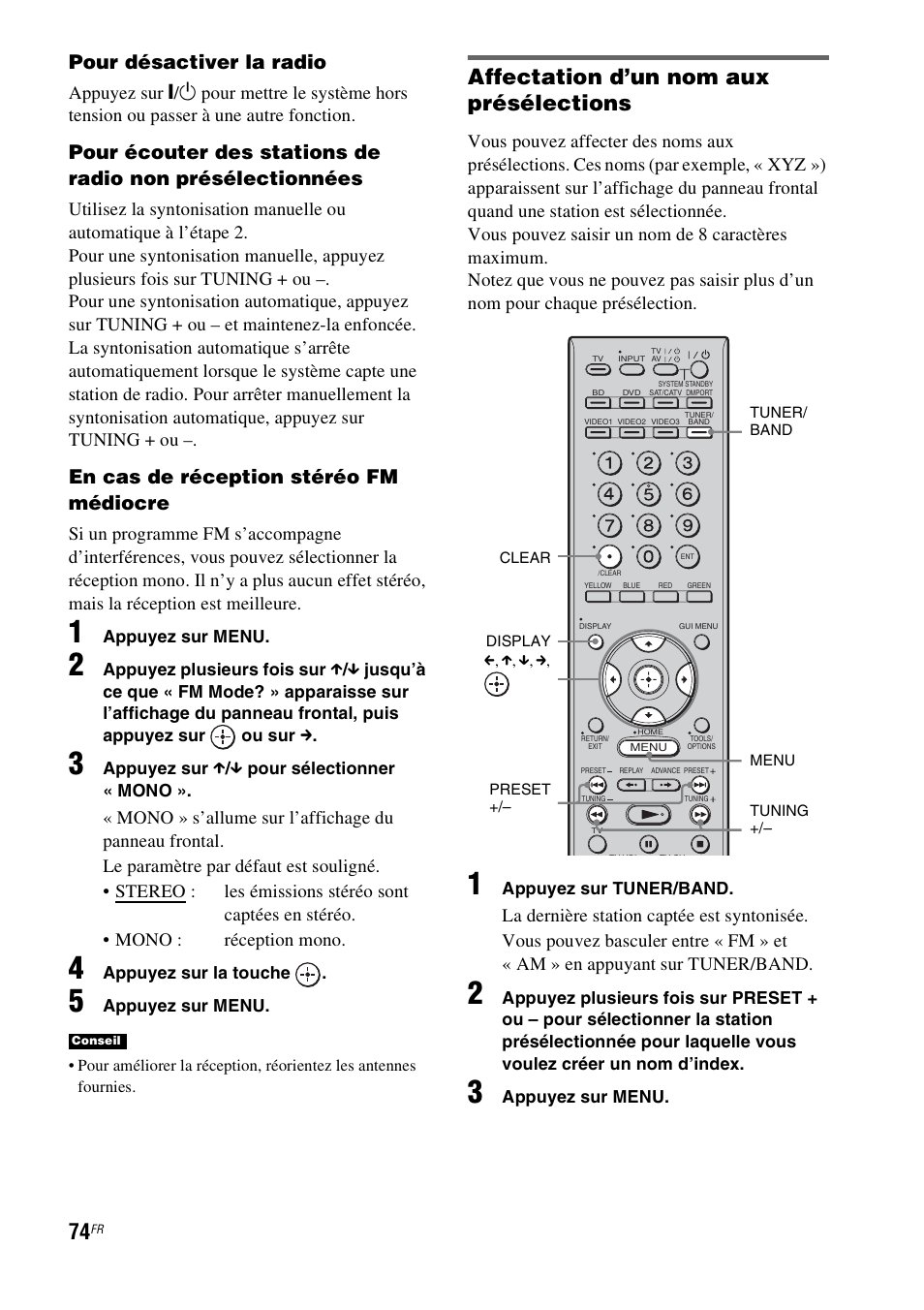 Affectation d’un nom aux présélections, Pour désactiver la radio, En cas de réception stéréo fm médiocre | Sony HT-CT500 User Manual | Page 180 / 340
