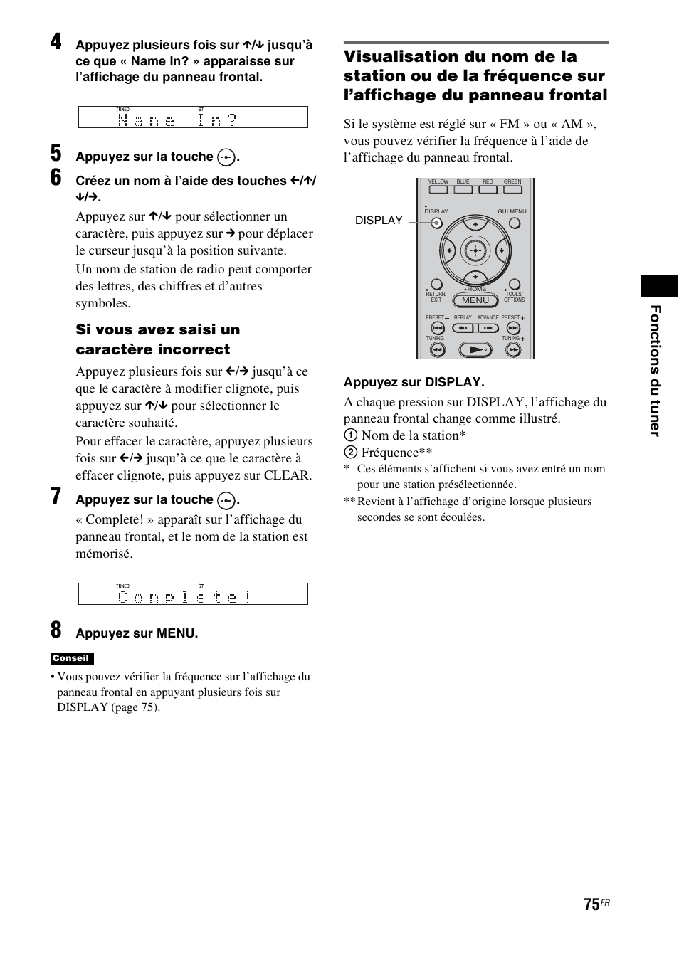 Fonc tions du tuner, Si vous avez saisi un caractère incorrect | Sony HT-CT500 User Manual | Page 181 / 340