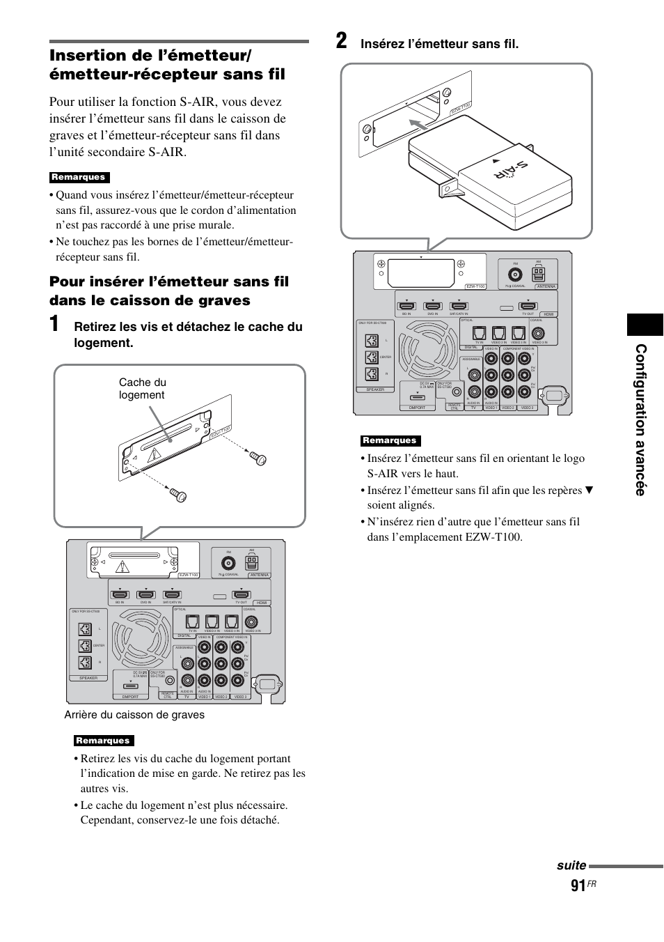 Co nfigu ra tion a v an cée, Retirez les vis et détachez le cache du logement, Insérez l’émetteur sans fil | Suite, Cache du logement arrière du caisson de graves, Remarques | Sony HT-CT500 User Manual | Page 197 / 340