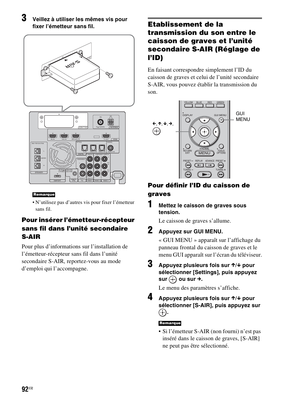 Pour définir l’id du caisson de graves, Le caisson de graves s’allume, Le menu des paramètres s’affiche | Mettez le caisson de graves sous tension, Appuyez sur gui menu, Appuyez plusieurs fois sur, X pour sélectionner [s-air], puis appuyez sur, Gui menu c, x, x, c | Sony HT-CT500 User Manual | Page 198 / 340