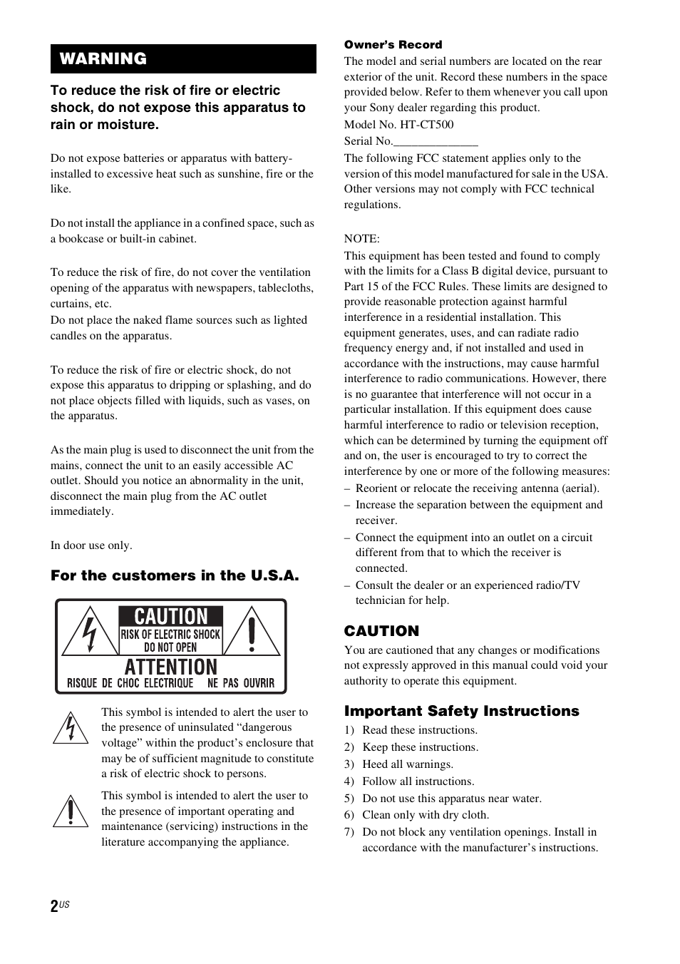 Warning, For the customers in the u.s.a, Caution | Important safety instructions | Sony HT-CT500 User Manual | Page 2 / 340