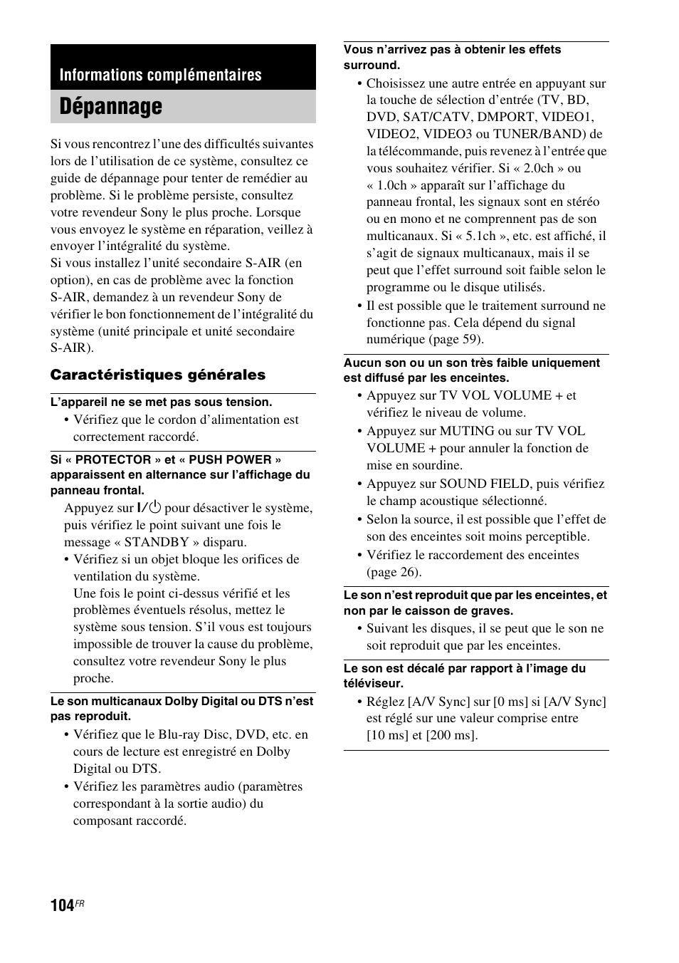 Informations complémentaires, Dépannage | Sony HT-CT500 User Manual | Page 210 / 340