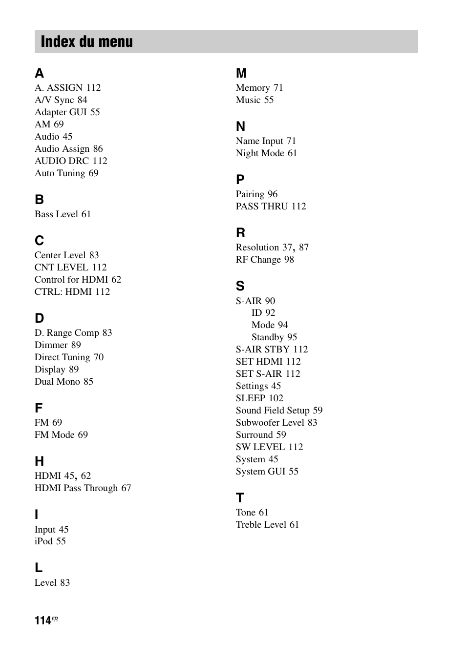 Index du menu | Sony HT-CT500 User Manual | Page 220 / 340
