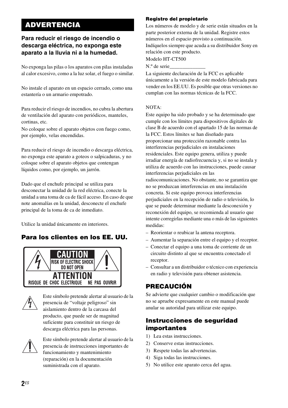 Advertencia, Para los clientes en los ee. uu, Precaución | Instrucciones de seguridad importantes | Sony HT-CT500 User Manual | Page 222 / 340