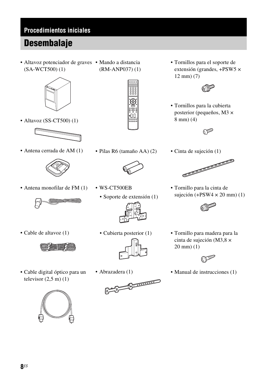 Procedimientos iniciales, Desembalaje | Sony HT-CT500 User Manual | Page 228 / 340