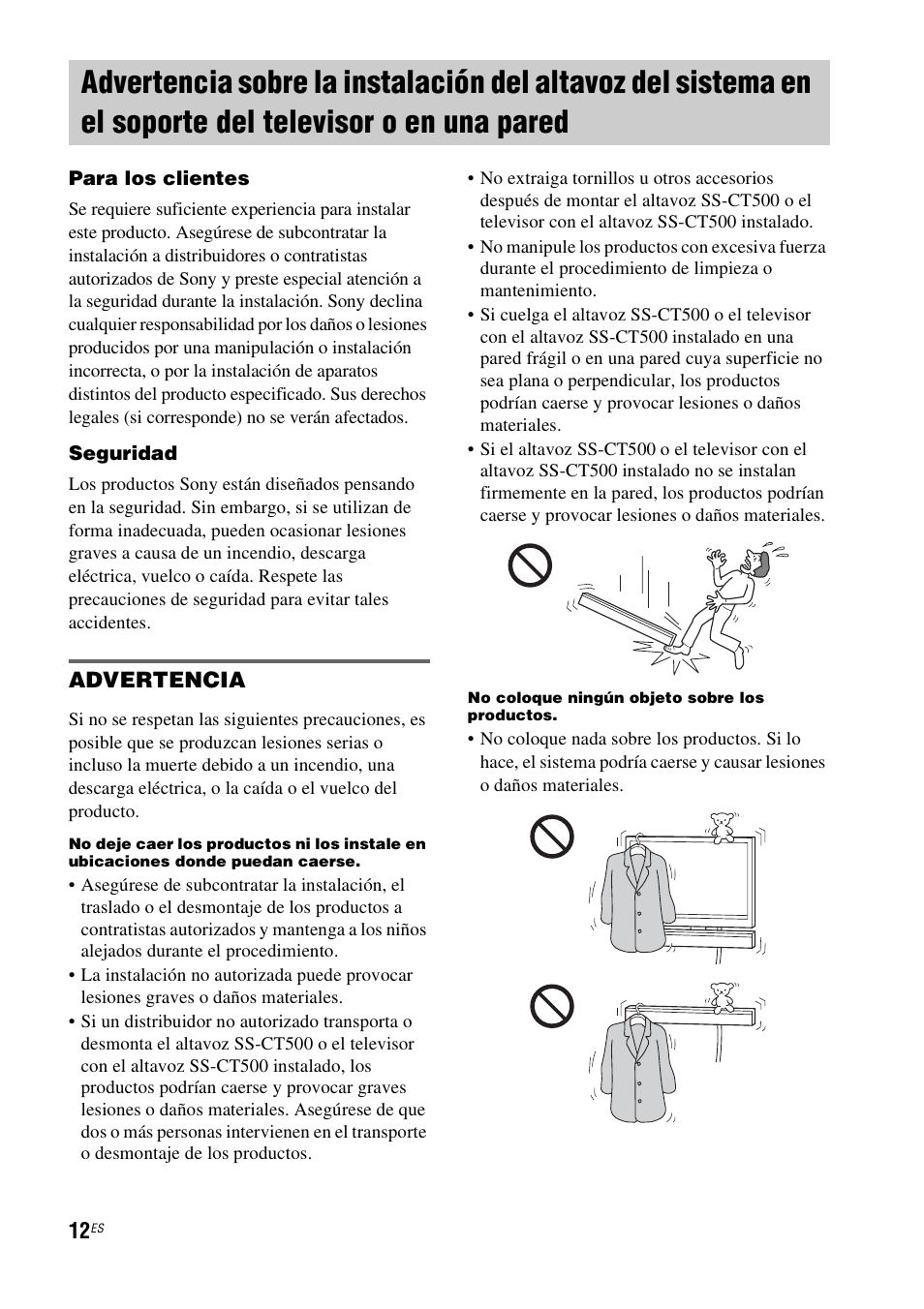 Advertencia sobre la instalación del | Sony HT-CT500 User Manual | Page 232 / 340