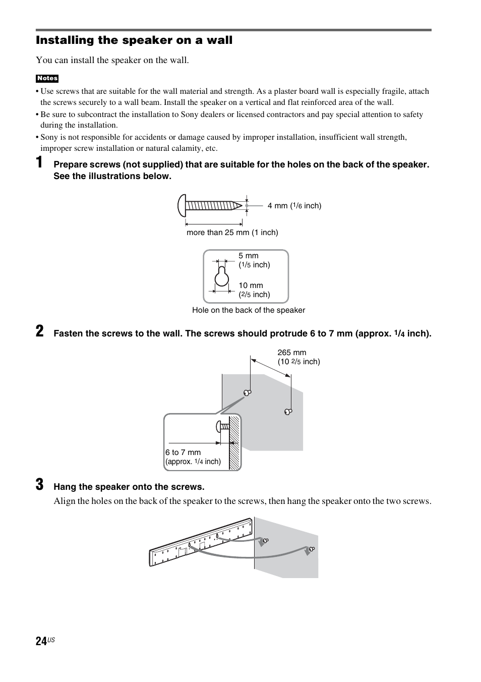 Installing the speaker on a wall | Sony HT-CT500 User Manual | Page 24 / 340