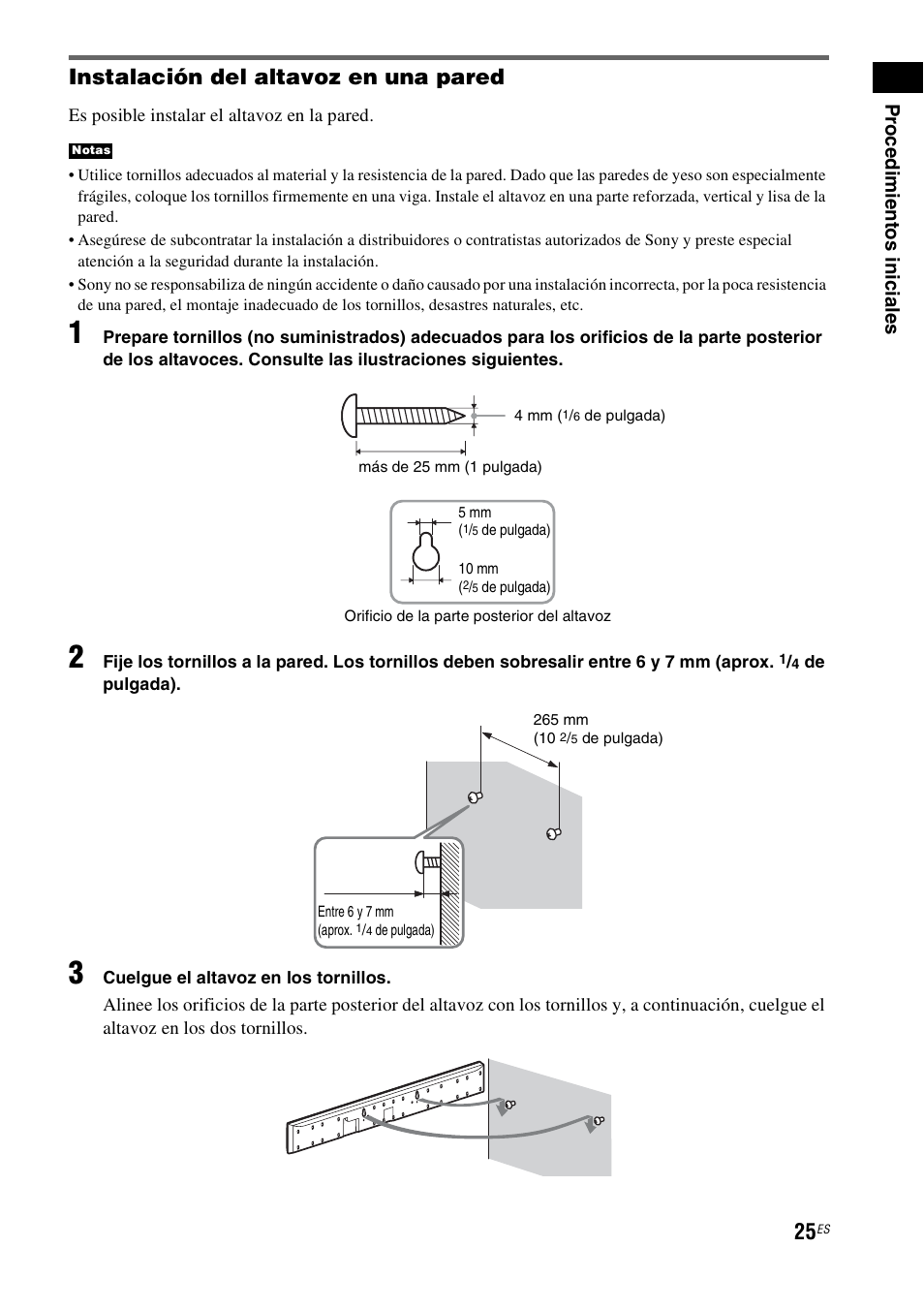 Instalación del altavoz en una pared, Pr oc edi m ien tos inic iale s | Sony HT-CT500 User Manual | Page 245 / 340