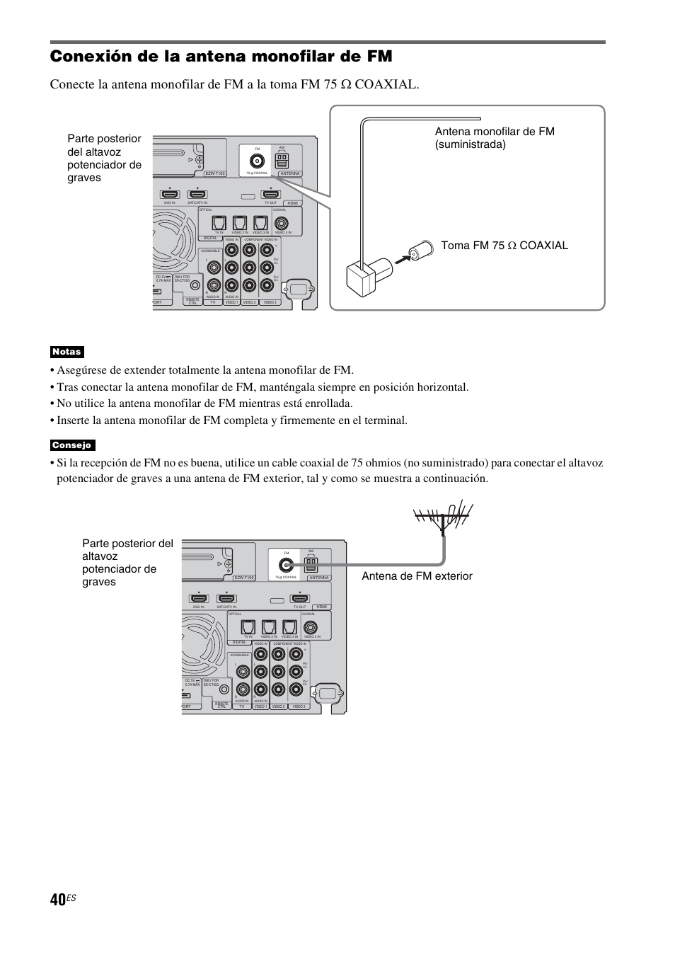 Conexión de la antena monofilar de fm, Notas consejo | Sony HT-CT500 User Manual | Page 260 / 340