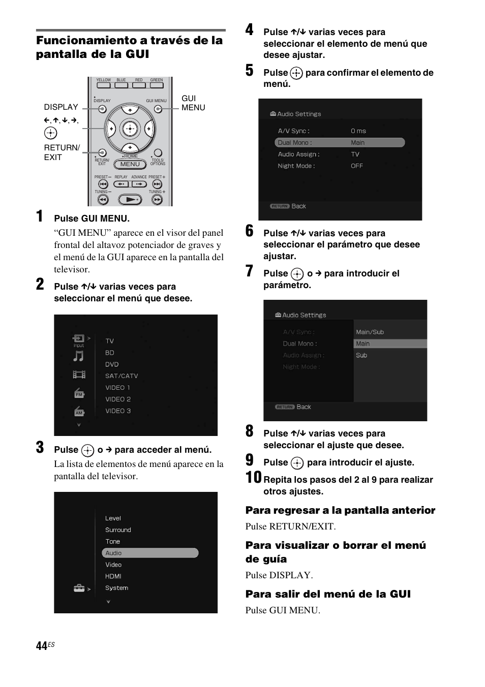 Funcionamiento a través de la pantalla de la gui | Sony HT-CT500 User Manual | Page 264 / 340