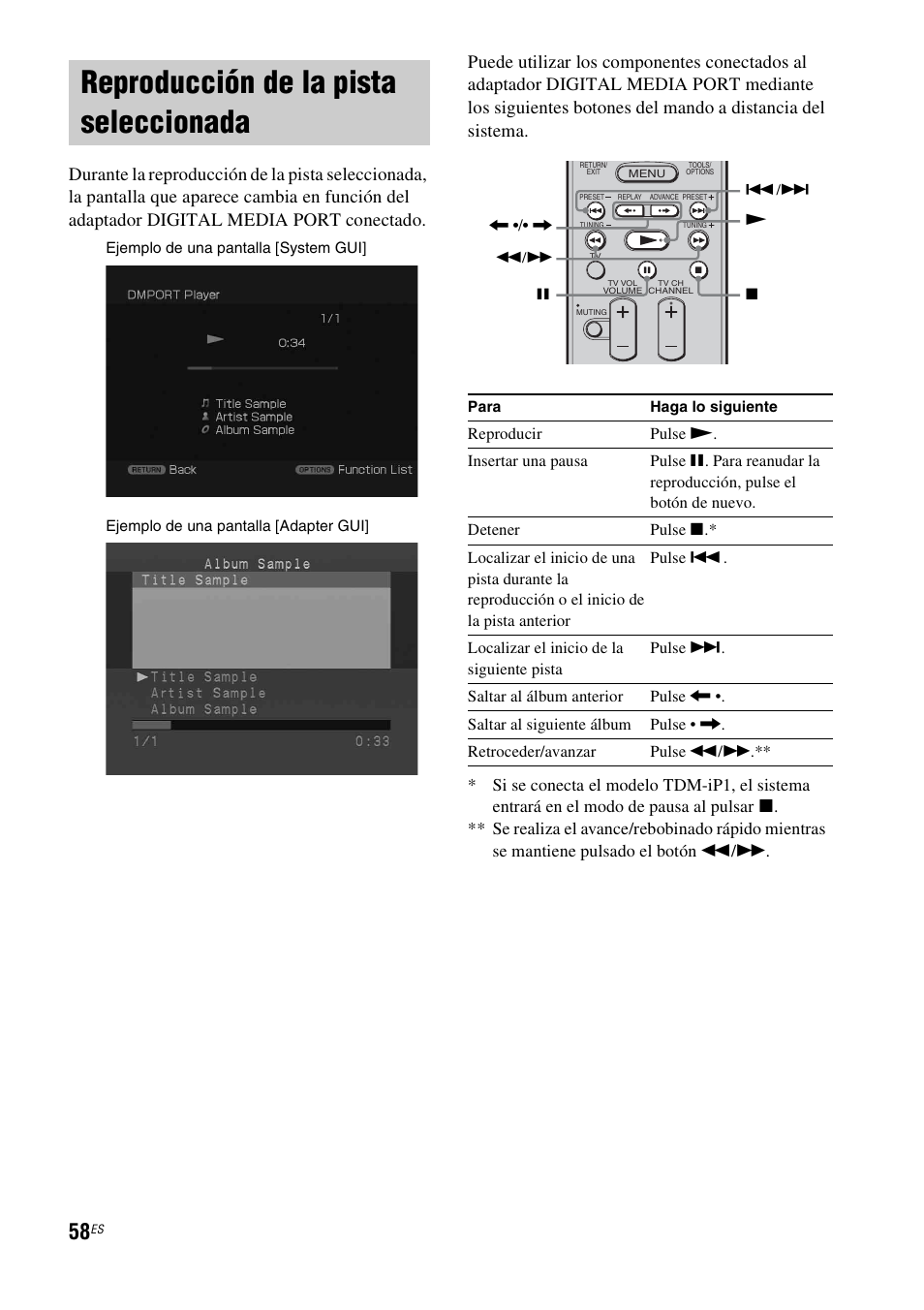 Reproducción de la pista seleccionada, Reproducción de la pista, Seleccionada | Sony HT-CT500 User Manual | Page 278 / 340