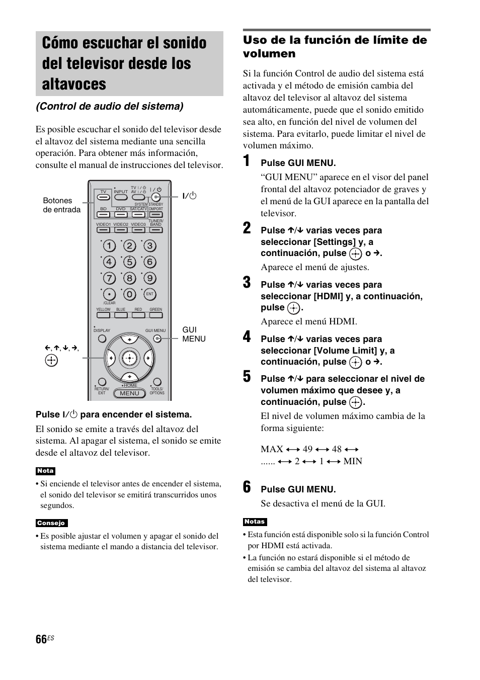 Cómo escuchar el sonido del televisor, Desde los altavoces (control de audio del sistema), Uso de la función de límite de volumen | Control de audio del sistema) | Sony HT-CT500 User Manual | Page 286 / 340