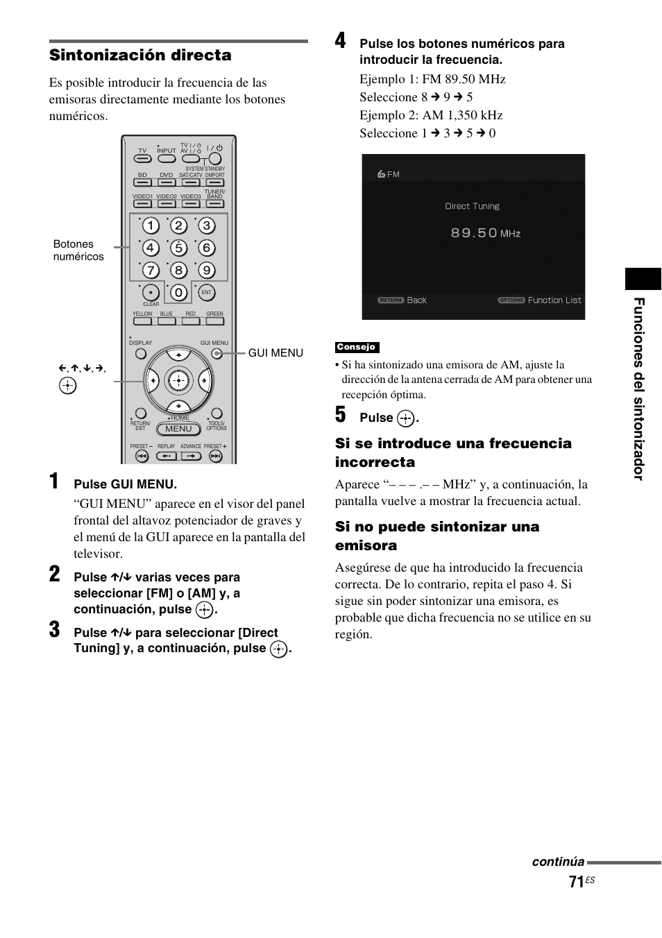 Sintonización directa, Func ione s de l s intoni za dor, Si se introduce una frecuencia incorrecta | Si no puede sintonizar una emisora | Sony HT-CT500 User Manual | Page 291 / 340