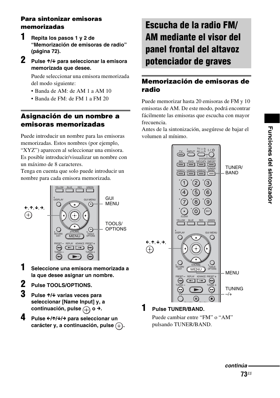 Escucha de la radio fm/am mediante el, D (73) | Sony HT-CT500 User Manual | Page 293 / 340