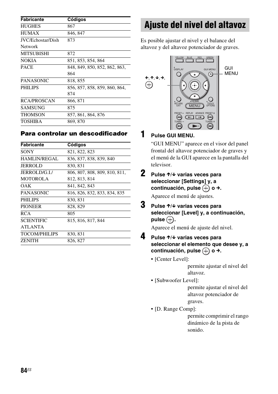Ajuste del nivel del altavoz, Para controlar un descodificador | Sony HT-CT500 User Manual | Page 304 / 340