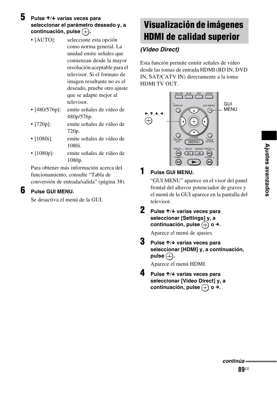 Visualización de imágenes hdmi de calidad superior, Visualización de imágenes hdmi de, Calidad superior (video direct) | Sony HT-CT500 User Manual | Page 309 / 340