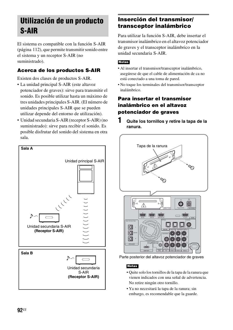 Utilización de un producto s-air, Inserción del transmisor/ transceptor inalámbrico, Acerca de los productos s-air | Quite los tornillos y retire la tapa de la ranura | Sony HT-CT500 User Manual | Page 312 / 340