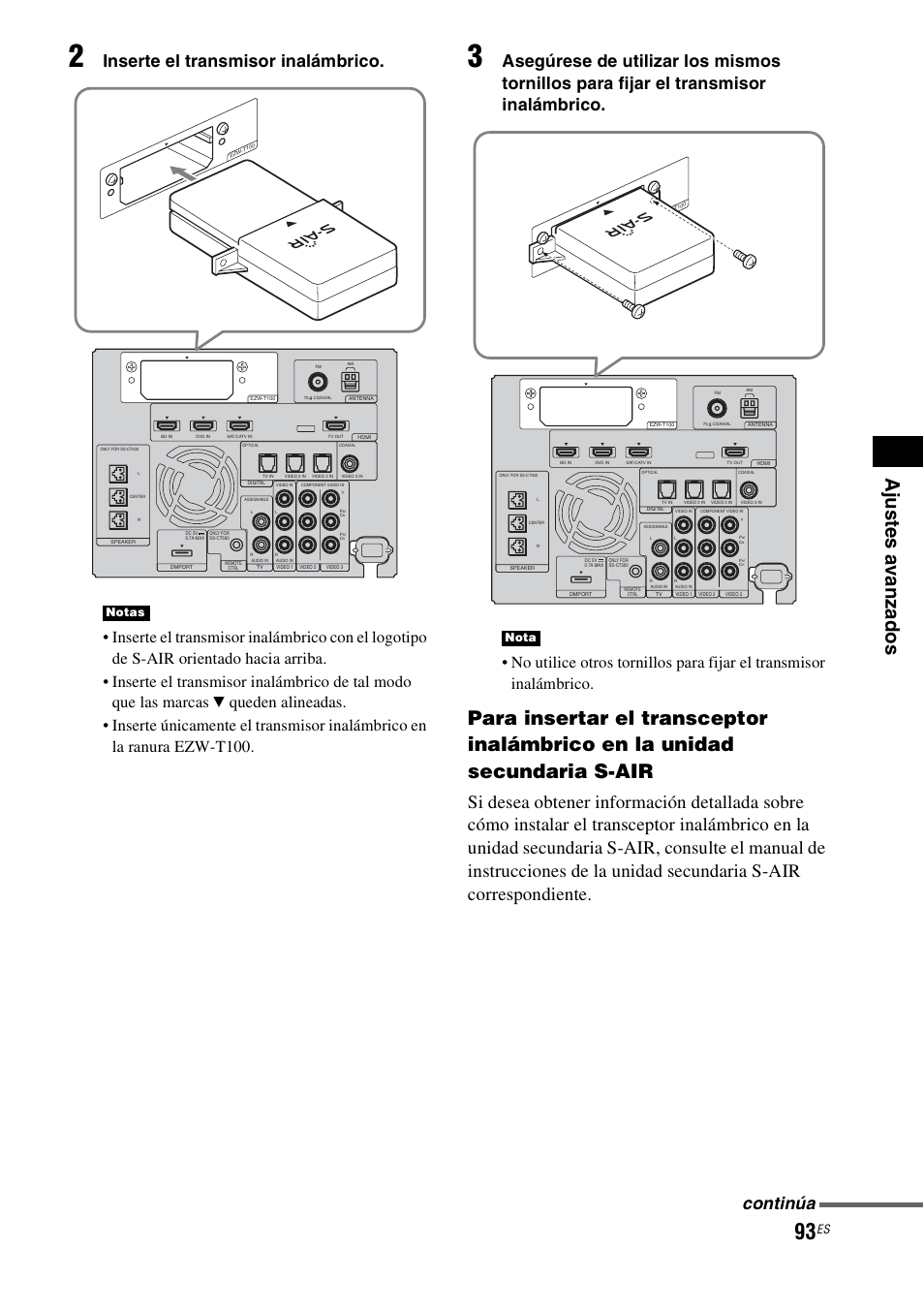 Ajus te s a van za d o s, Inserte el transmisor inalámbrico, Continúa | Notas, Nota | Sony HT-CT500 User Manual | Page 313 / 340