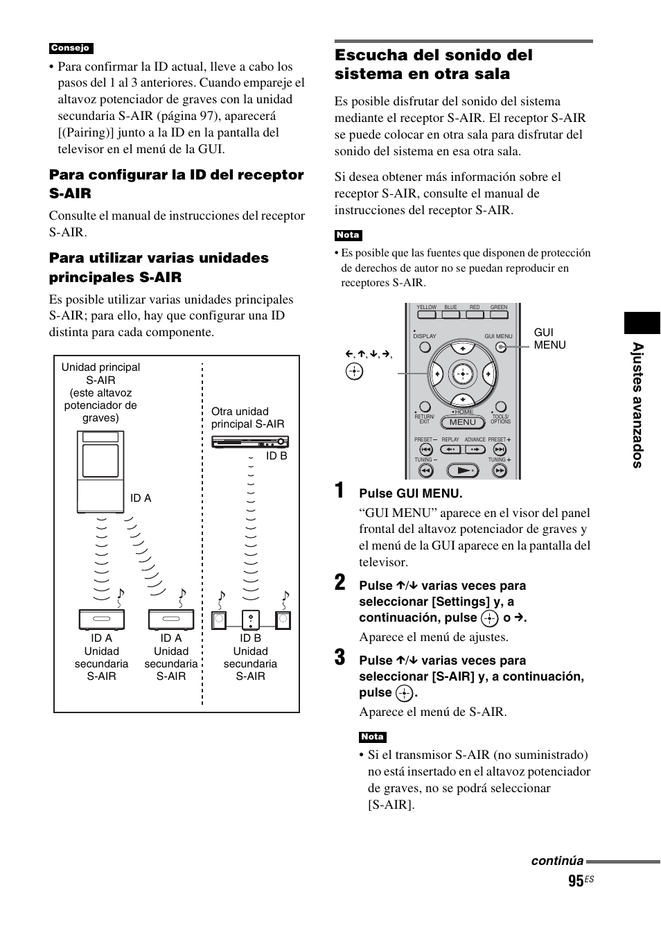 Escucha del sonido del sistema en otra sala, Ajus te s a van za d o s, Para configurar la id del receptor s-air | Para utilizar varias unidades principales s-air | Sony HT-CT500 User Manual | Page 315 / 340
