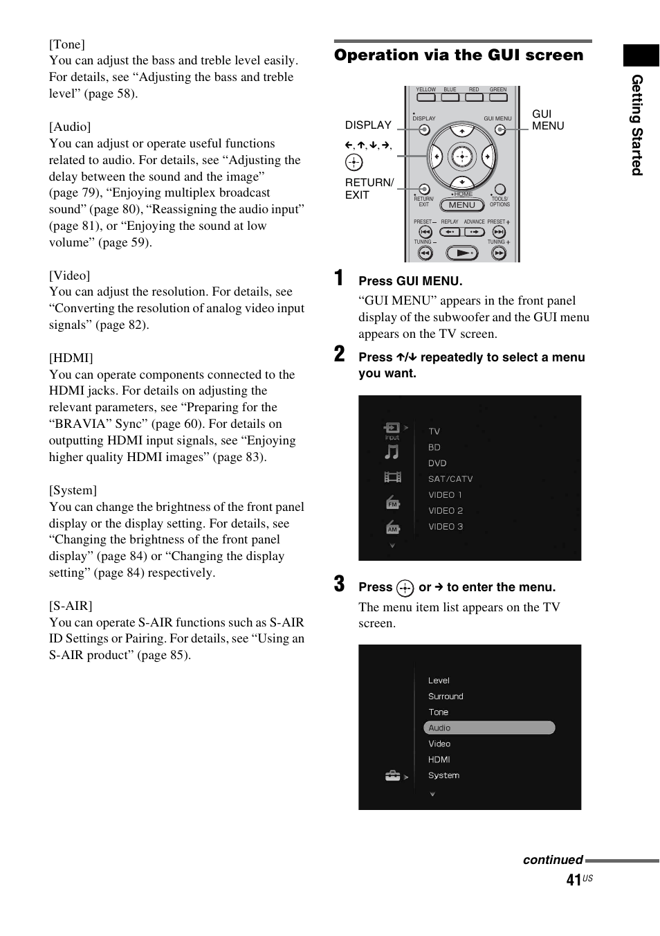 Operation via the gui screen, Getting star ted, The menu item list appears on the tv screen | Sony HT-CT500 User Manual | Page 41 / 340