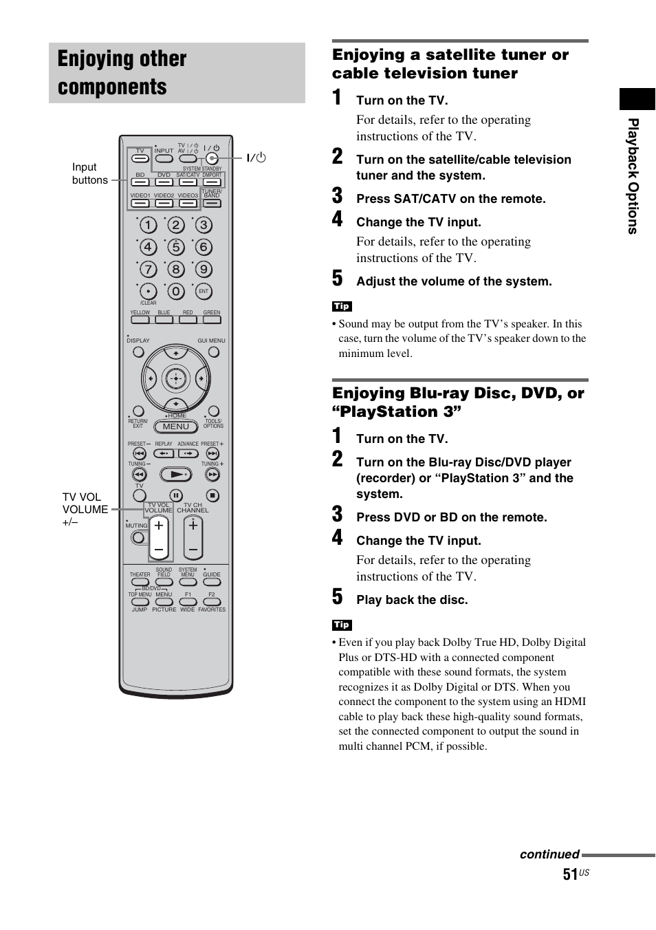 Enjoying other components, Enjoying blu-ray disc, dvd, or “playstation 3, Pla y b ack op tio n s | Sony HT-CT500 User Manual | Page 51 / 340